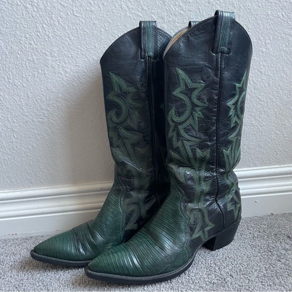 Larry Mahan Green and Black Emerald Green Teju Lizard Cowboy Boots